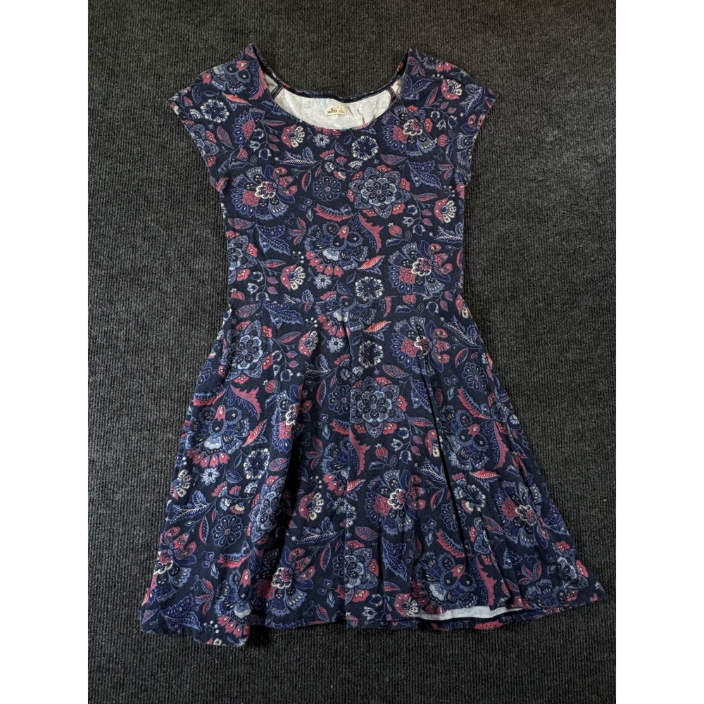 Hollister Women Navy Blue Pink Floral Skater‎ Dress Cap Sleeve Mini Medium 2493